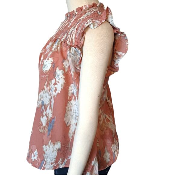 Pink Watercolor Smocked Top Ruffle Sleeves Medium NEW - Picture 6 of 14